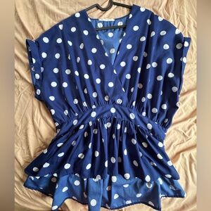 Navy Polka Dot Women's Top with Wrap Detail and Deep V neckline